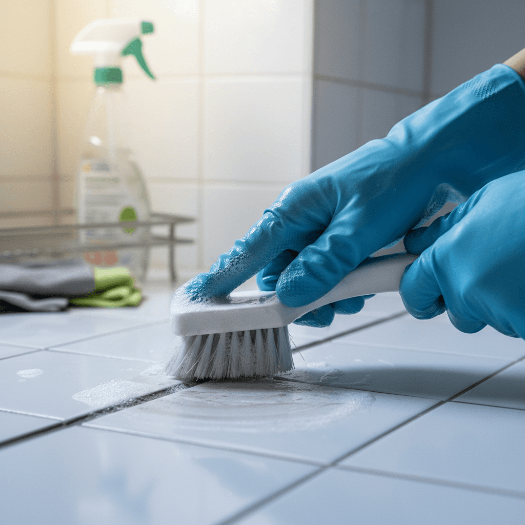 Close-up of cleaner scrubbing bathroom tile grout with precision