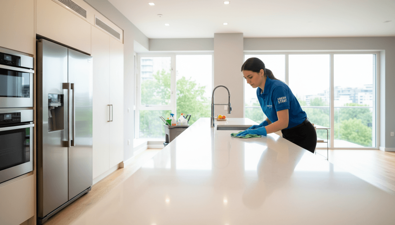 Professional cleaner wiping kitchen countertop with professional-grade microfiber cloth