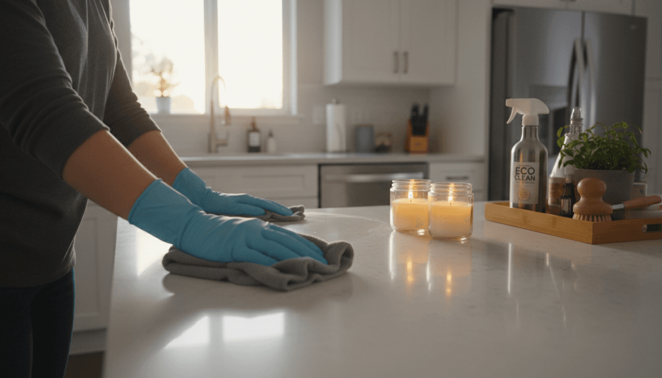 Professional cleaner using microfiber cloth on kitchen countertop with morning light