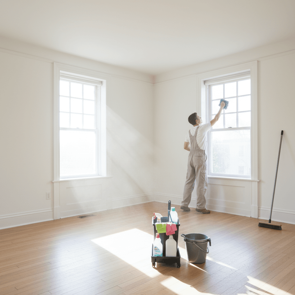 Cleaner thoroughly cleaning and preparing an empty residential bedroom