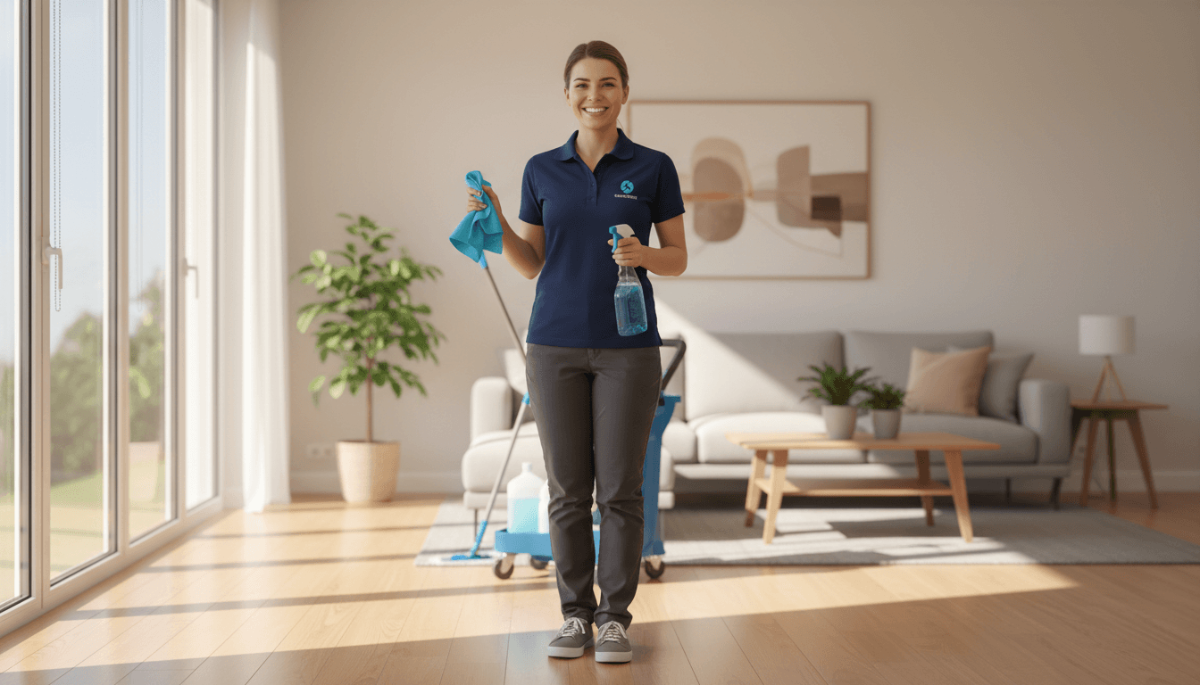 Professional cleaner holding cleaning supplies in a spotless residential living room