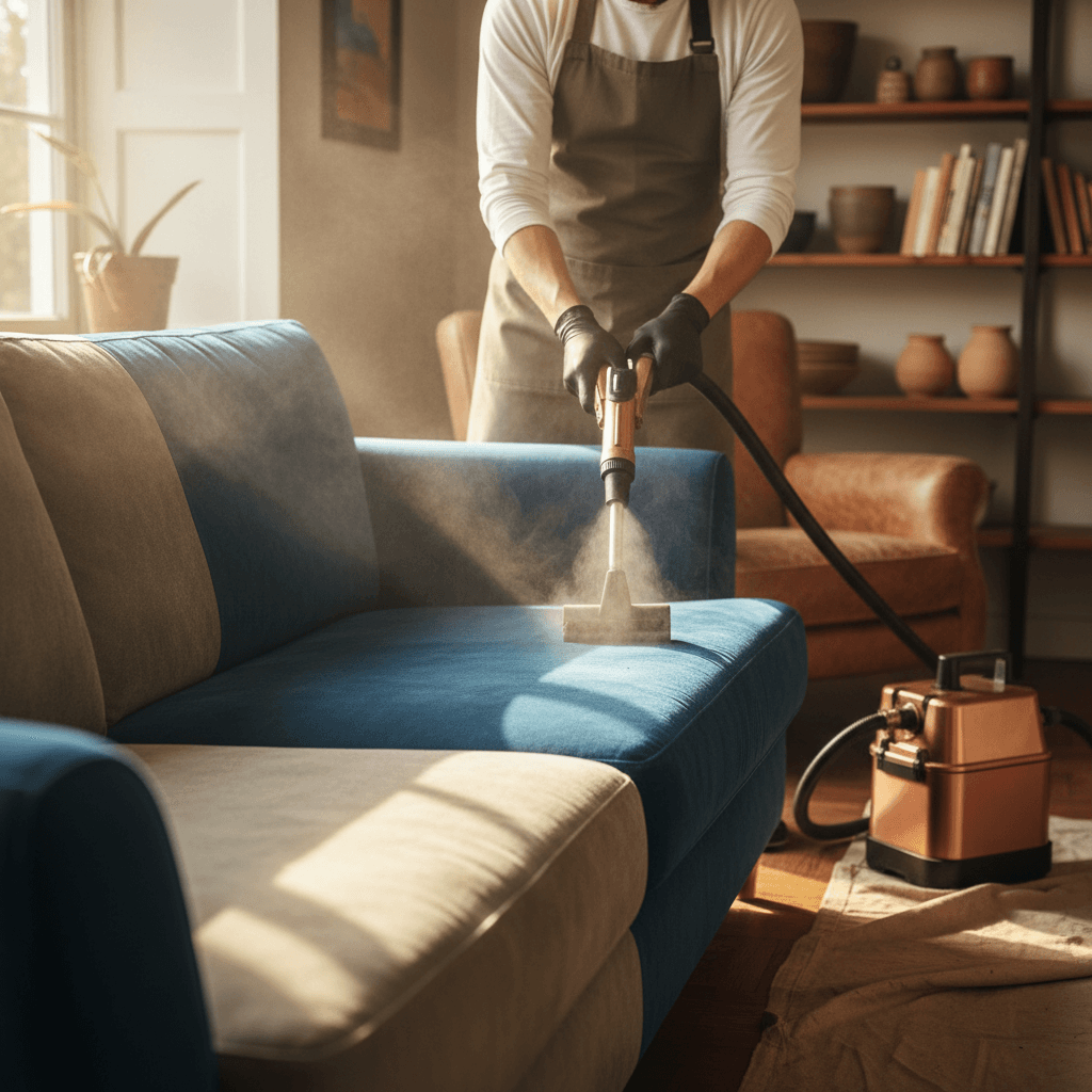 Specialist using professional equipment to deep clean upholstered furniture