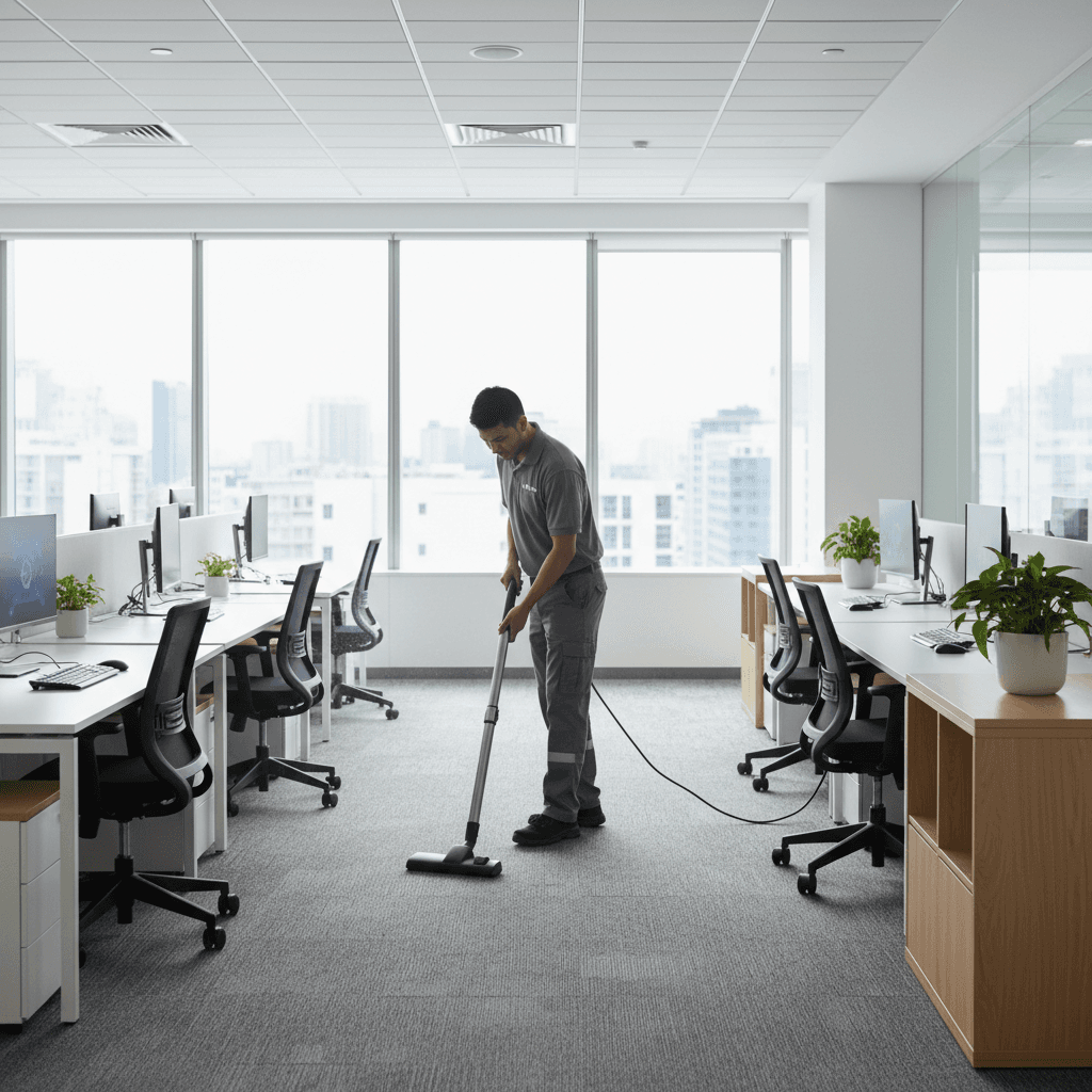 Professional cleaner vacuuming a modern office space