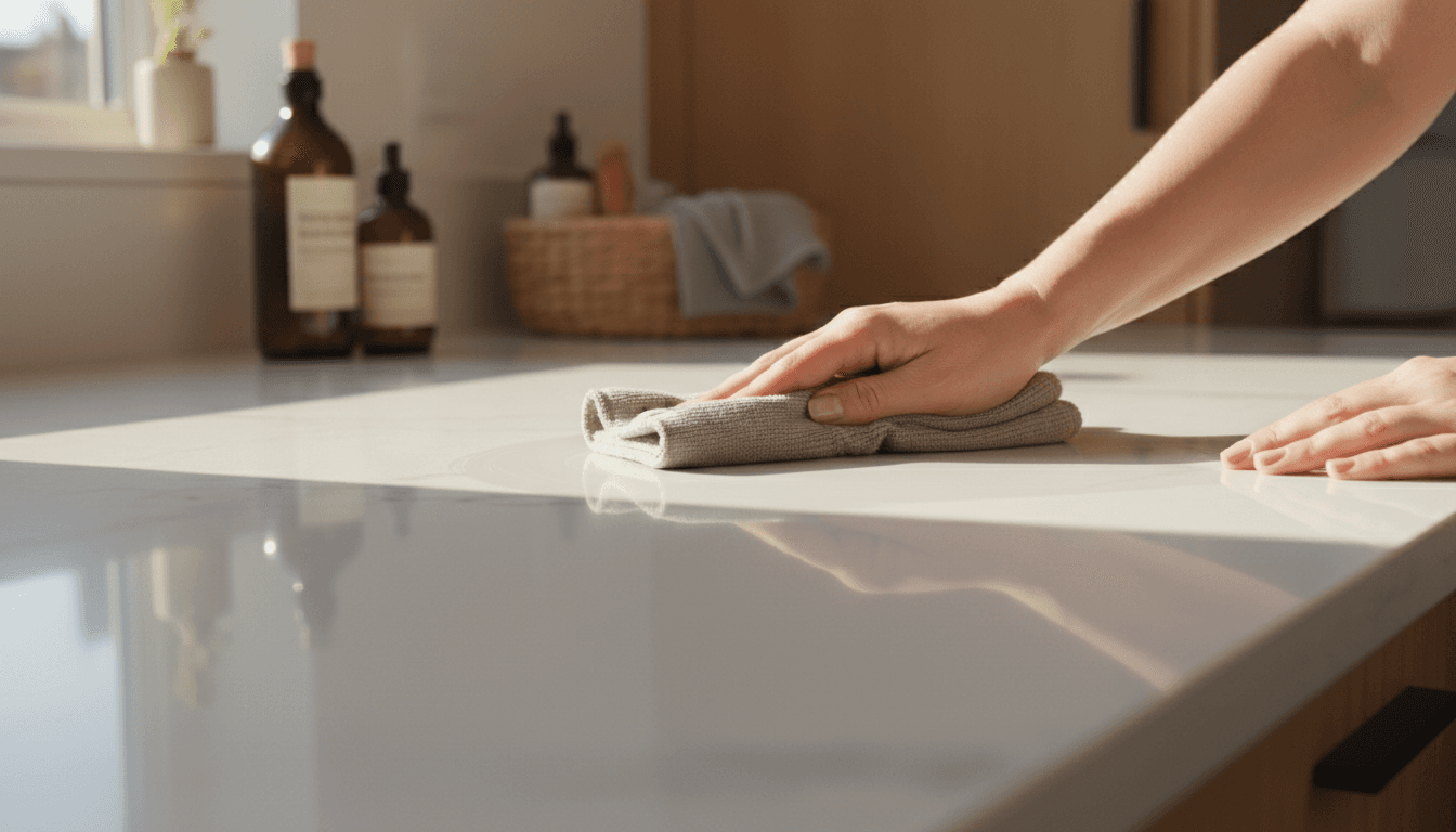 Professional cleaner's hands polishing a kitchen countertop with microfiber cloth