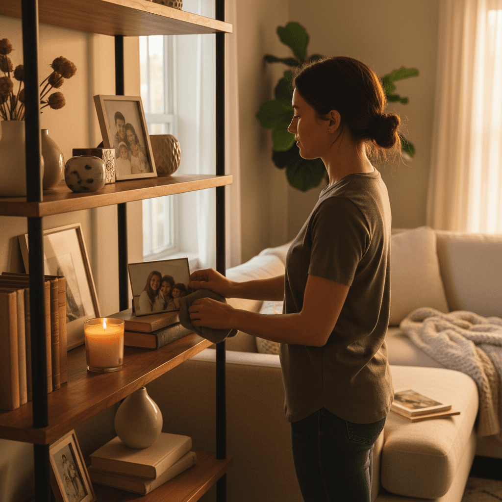 Cleaner carefully dusting and organizing residential living room shelves