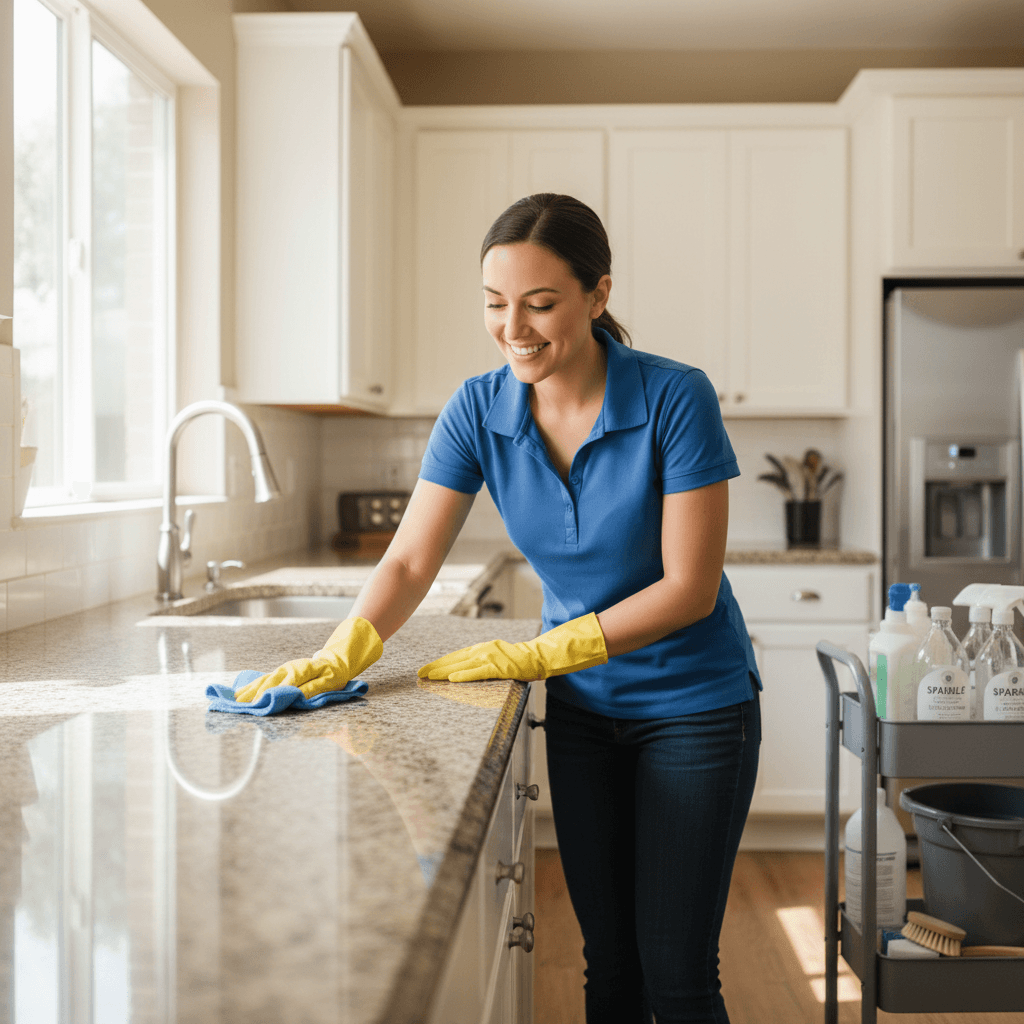 Professional cleaner wiping down kitchen counter during routine maintenance